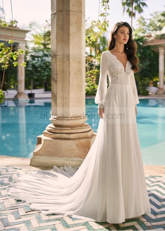 Beaded Long Sleeves Ivory Lace Chiffon Exclusive Wedding Dress Beaded Long Sleeves Ivory Lace Chiffon Exclusive Wedding Dress